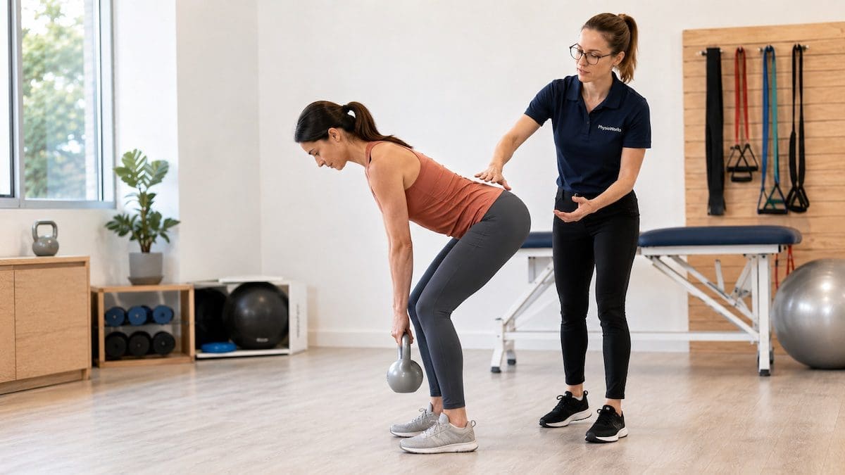 core-stability-training-hip-hinge-physiotherapy Core stability training hip hinge exercise guided by physiotherapist