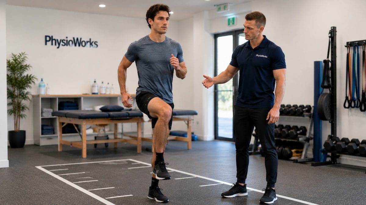 Thigh strain return-to-running rehabilitation drill in clinic gym