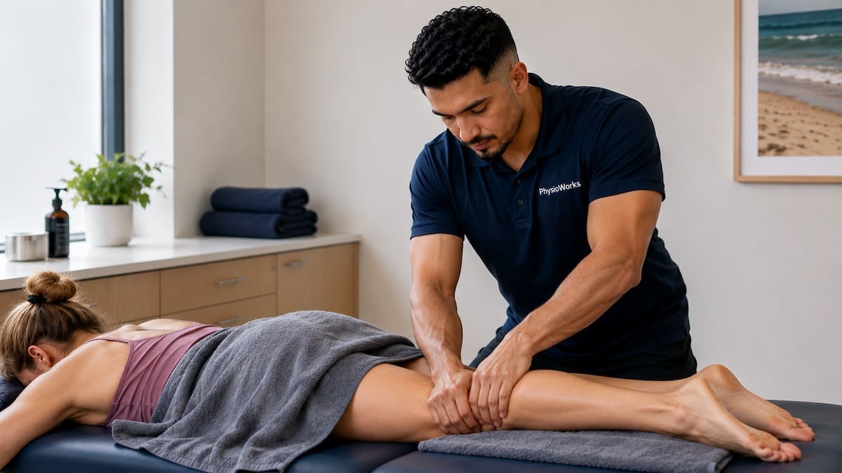 Deep tissue massage treating calf muscle tightness after training