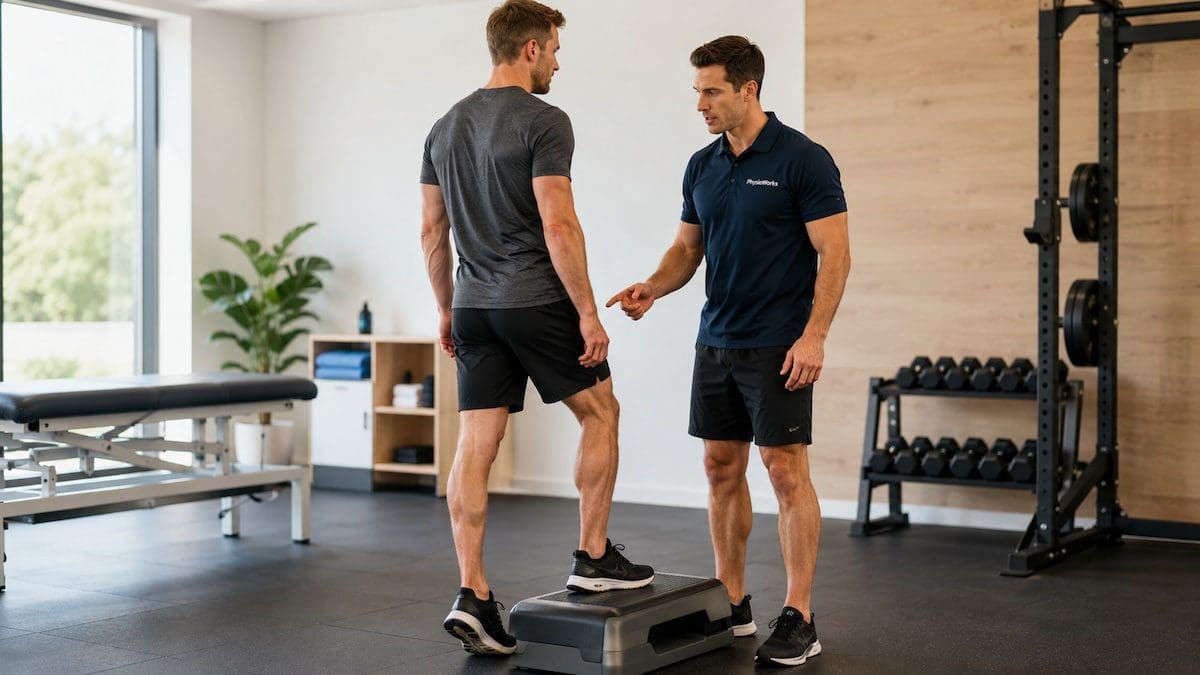 eccentric-strengthening-calf-achilles-heel-lowering Eccentric strengthening calf Achilles heel-lowering exercise guided by a physiotherapist
