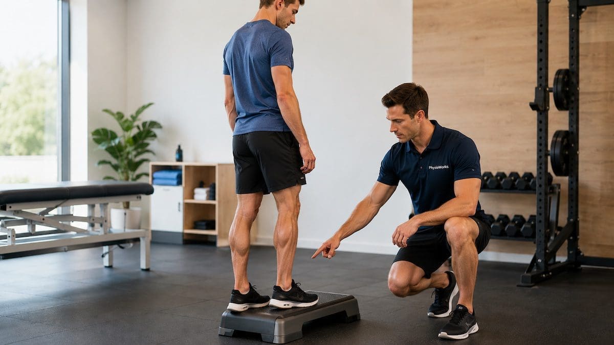 eccentric-strengthening-calf-achilles-tempo-control Eccentric strengthening calf Achilles tempo control during supervised heel lowering