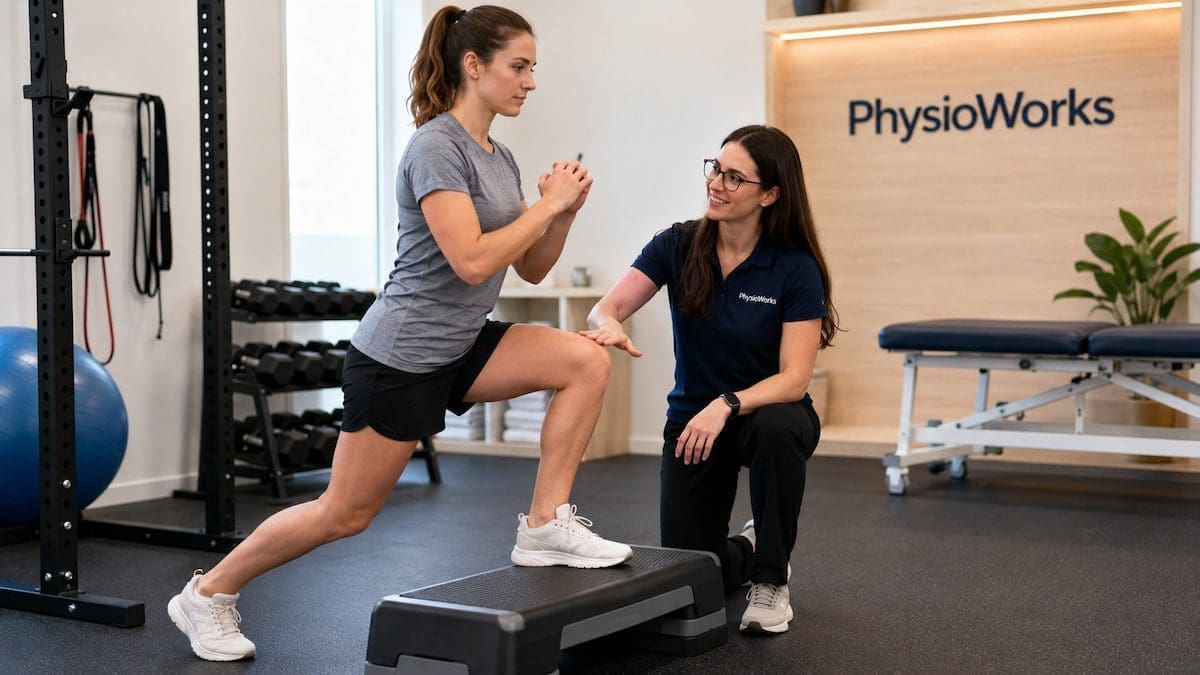 eccentric-strengthening-step-down-calf-control Eccentric strengthening step-down showing calf Achilles control with physiotherapist guidance