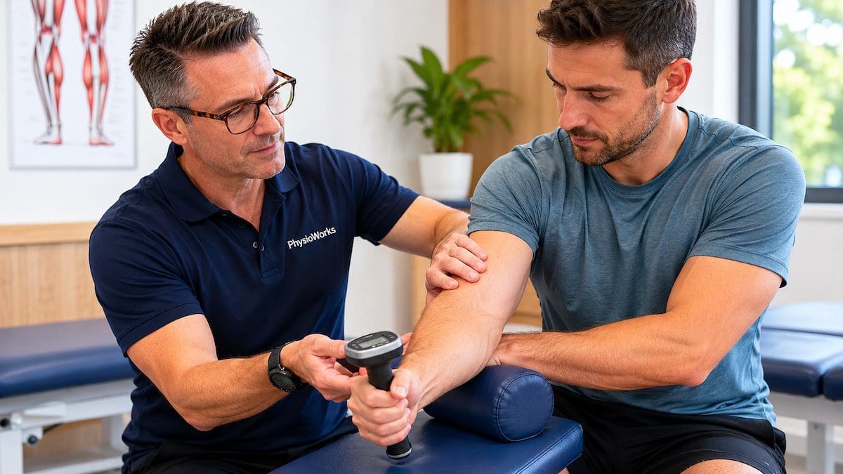 Physiotherapist assessing elbow pain with grip loading and lateral elbow tendon testing