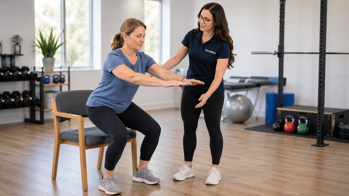 Exercise Physiology Brisbane coached sit-to-stand for hip and knee control