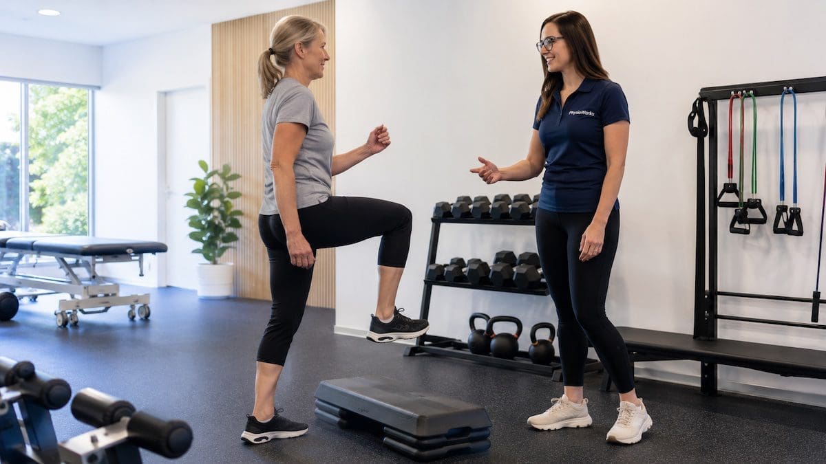 exercise-physiology-sandgate-supervised-step-up-strengthening Exercise Physiology Sandgate supervised step-up strengthening with Accredited Exercise Physiologist