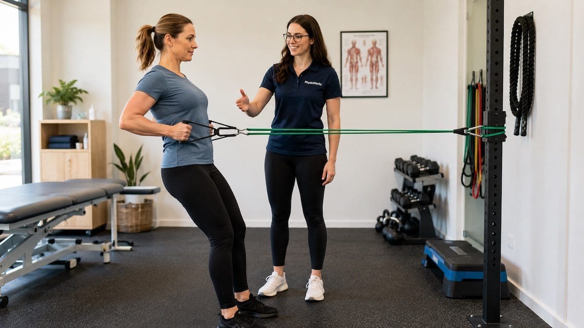 exercise-program-resistance-band-row-physioworks-brisbane Exercise programs using resistance band row coaching for shoulder blade and trunk control