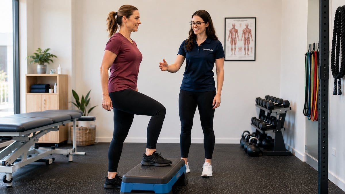 exercise-program-step-up-progression-physioworks-brisbane Exercise programs showing step-up progression for hip, knee, ankle and trunk control