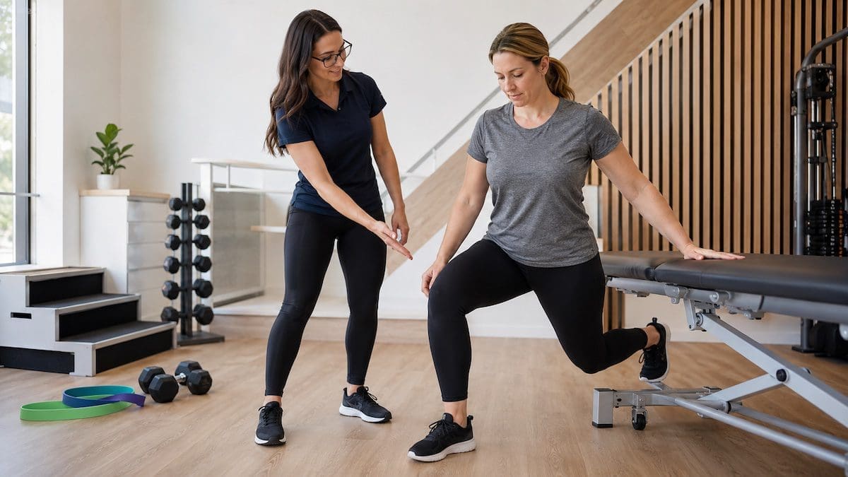 exercise-program-supported-split-squat-physioworks-brisbane Exercise programs showing supported split squat supervision for hip, knee and trunk control