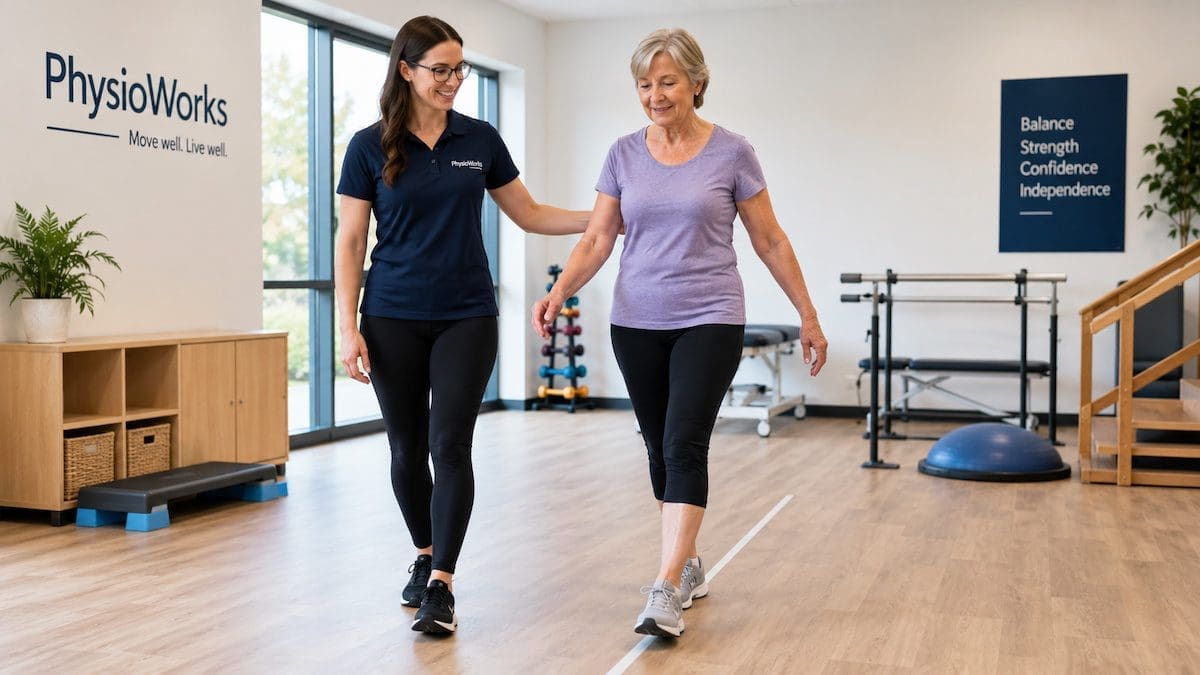 Balance training heel-to-toe walking exercise for steadiness and falls prevention