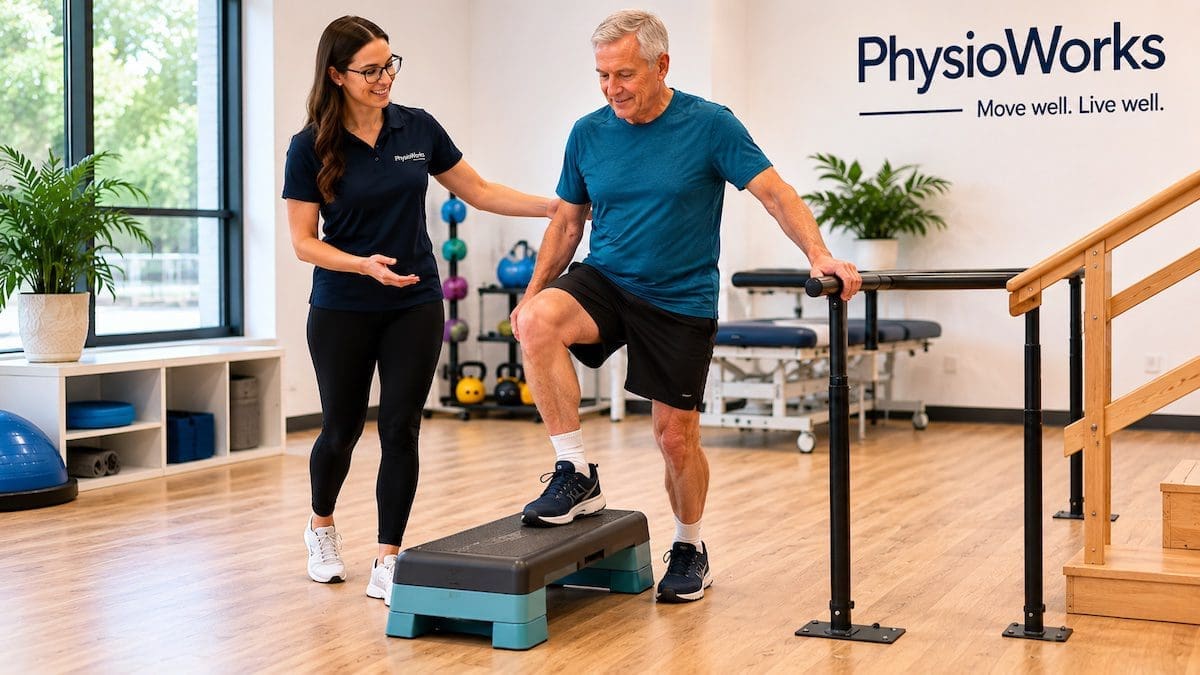 Supported step-up balance exercise for falls risk reduction physiotherapy