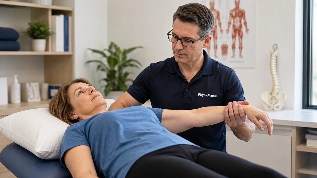frozen-shoulder-physiotherapy-assessment Frozen shoulder physiotherapy assessment during passive shoulder external rotation mobility test