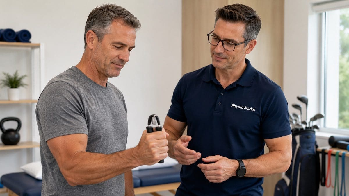 Grip Strengthening After Golfer's Elbow golfer's elbow treatment using grip strengthening for medial elbow tendon rehab