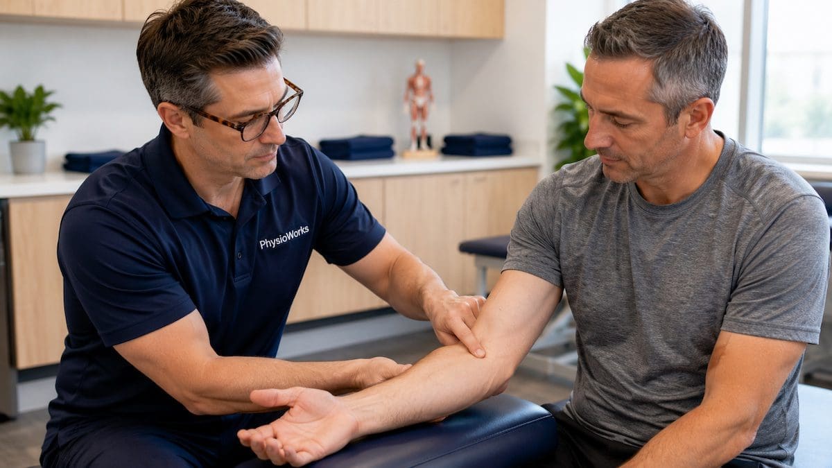 Golfer's Elbow Treatment Assessment physiotherapist assessing medial elbow tendon pain during golfer's elbow treatment