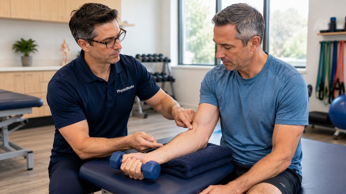 Golfer's Elbow Rehab Exercise golfer's elbow treatment with resisted wrist flexion loading medial elbow tendon