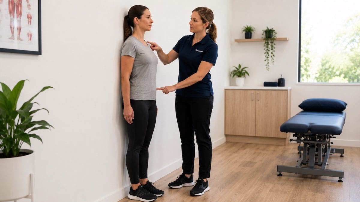 good standing posture whole-body alignment assessment in physiotherapy clinic