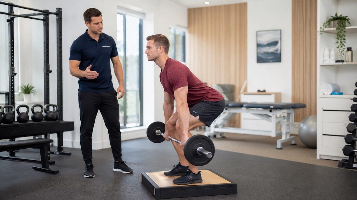 gym-back-exercises-lumbar-deadlift-progression Gym back exercises lumbar lifting control during supervised light deadlift progression