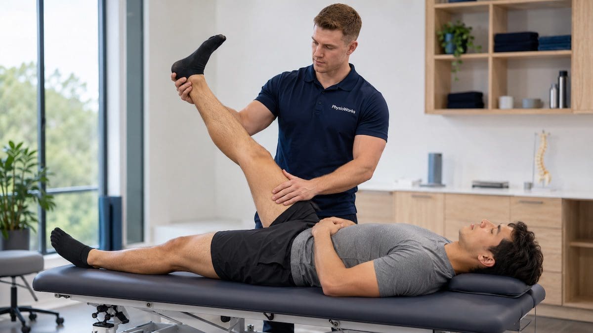 hamstring-muscle-strain-physiotherapy-assessment Physiotherapist assessing hamstring muscle strain during straight leg raise examination on treatment table