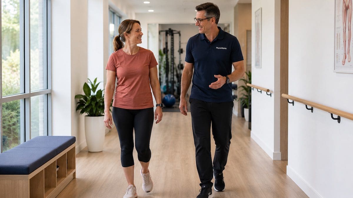 Heel spur recovery walking progression with physiotherapist guidance in clinic