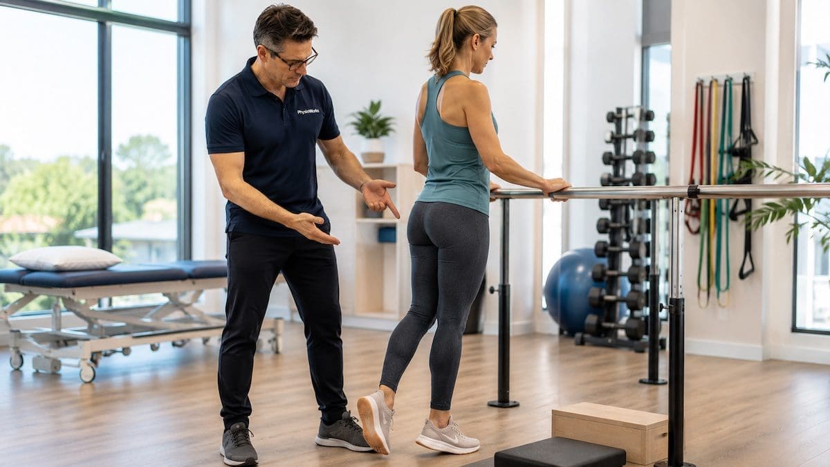 Heel spur rehabilitation exercise loading the plantar heel and calf under physiotherapy guidance