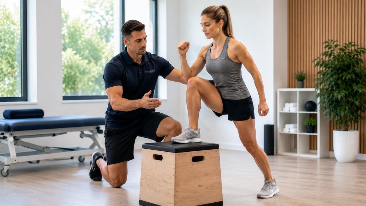knee-rehabilitation-step-up-exercise-physiotherapy Physiotherapist guiding knee rehabilitation step-up exercise