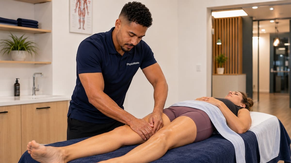 leg massage quadriceps finishing treatment supporting relaxed muscle recovery