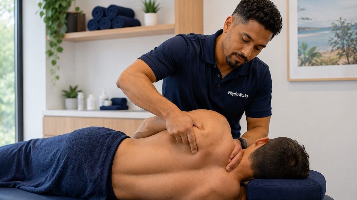 Deep Tissue Massage Shoulder Treatment Brisbane Deep tissue massage therapist treating shoulder muscle tension in Brisbane clinic