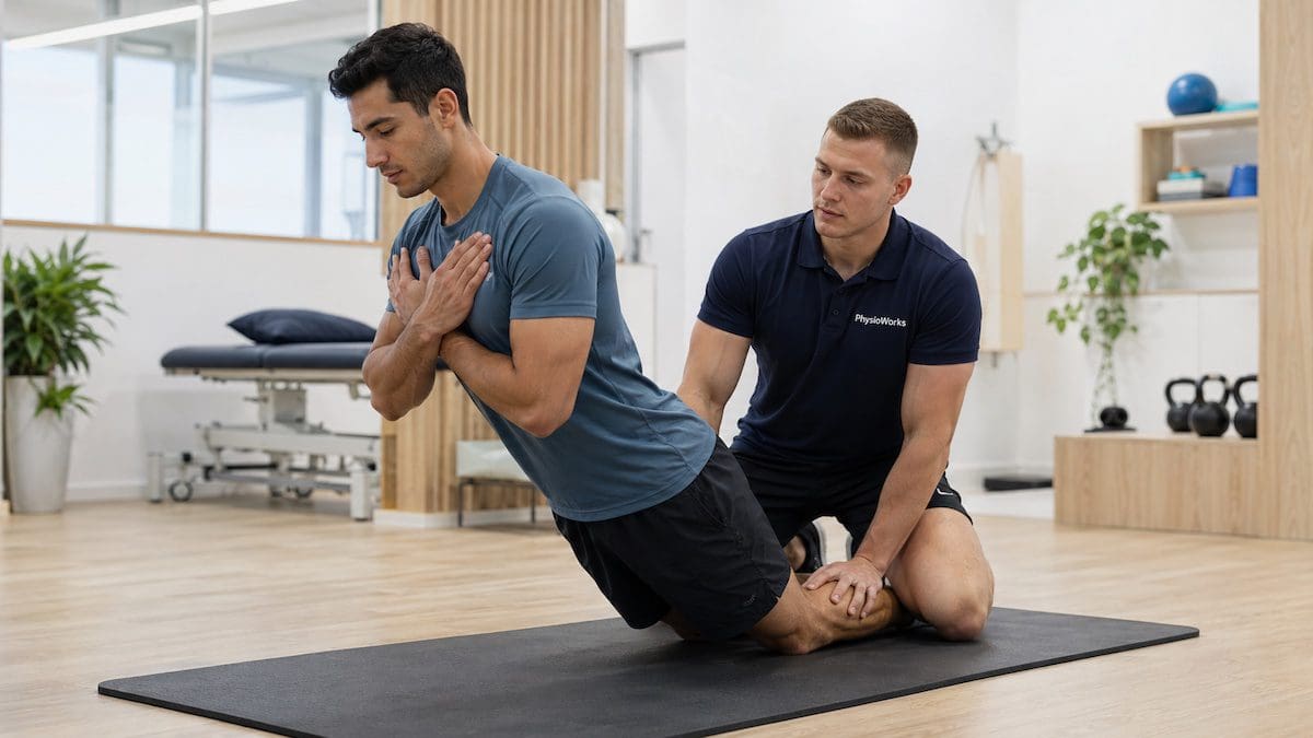 muscle-strain-nordic-hamstring-exercise Physiotherapist guiding muscle strain Nordic hamstring exercise for posterior thigh strengthening