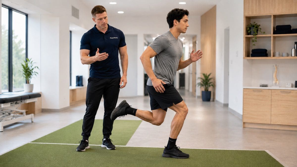 muscle-strain-return-to-running-drill Physiotherapist guiding muscle strain return-to-running drill during hamstring recovery