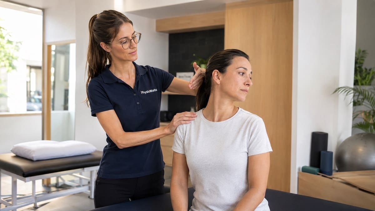 neck-pain-cervical-spine-rotation-assessment Neck pain cervical spine rotation assessment with physiotherapist guiding safe movement testing