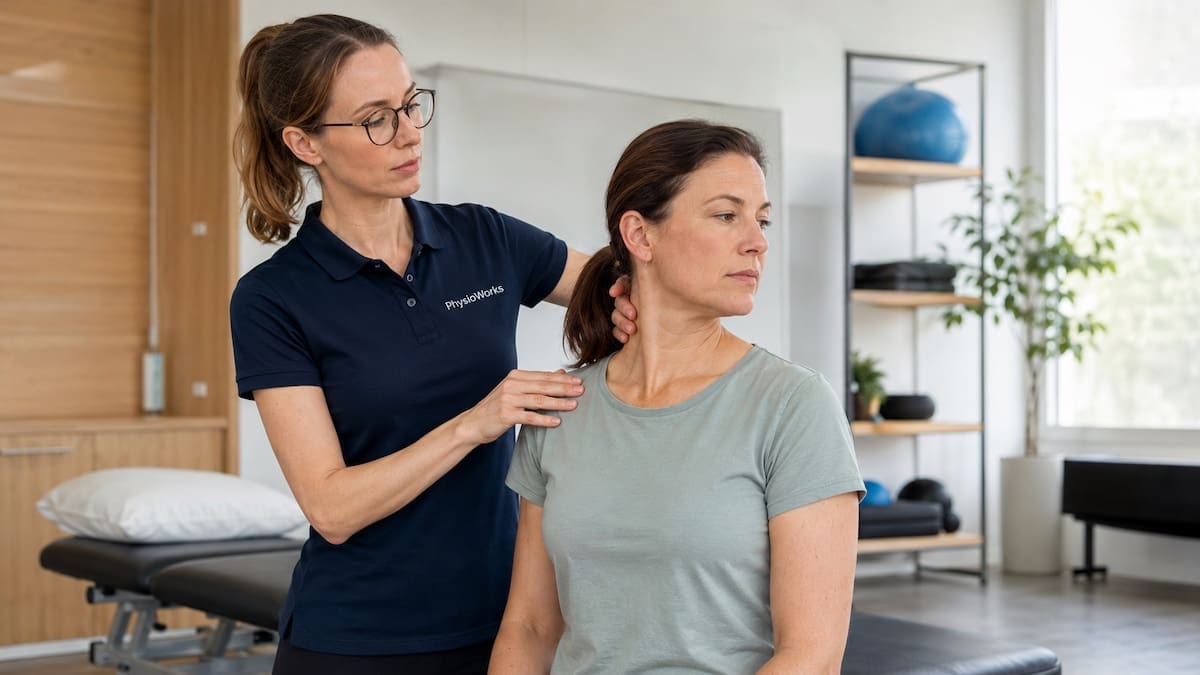 neck-physiotherapy-cervical-spine-rotation-assessment Neck physiotherapy assessment checking cervical spine rotation and movement comfort