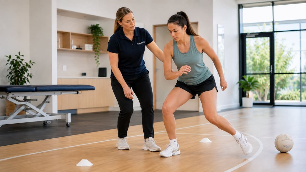 netball-injuries-knee-ankle-deceleration-drill Netball injuries knee and ankle deceleration drill with physiotherapist