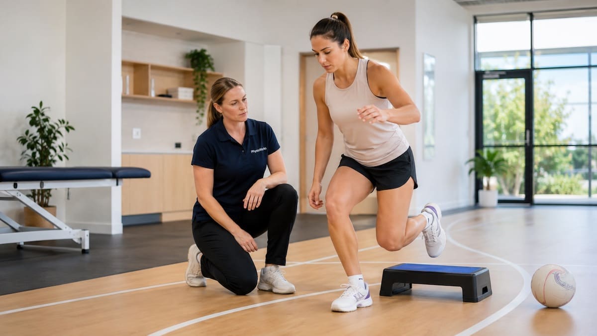 netball-injuries-knee-ankle-landing-assessment Netball injuries knee and ankle landing assessment with physiotherapist