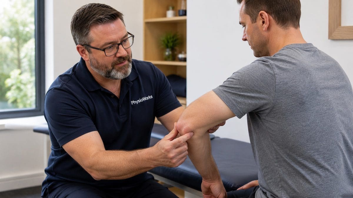 olecranon-bursitis-shane-armfield-loading-rehab Olecranon bursitis swelling assessed at the back of the elbow by Shane Armfield