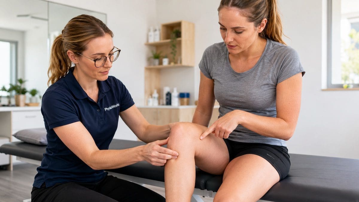 patellar-tendinopathy-physio-assessment Physiotherapist assessing patellar tendinopathy below the kneecap during tendon examination