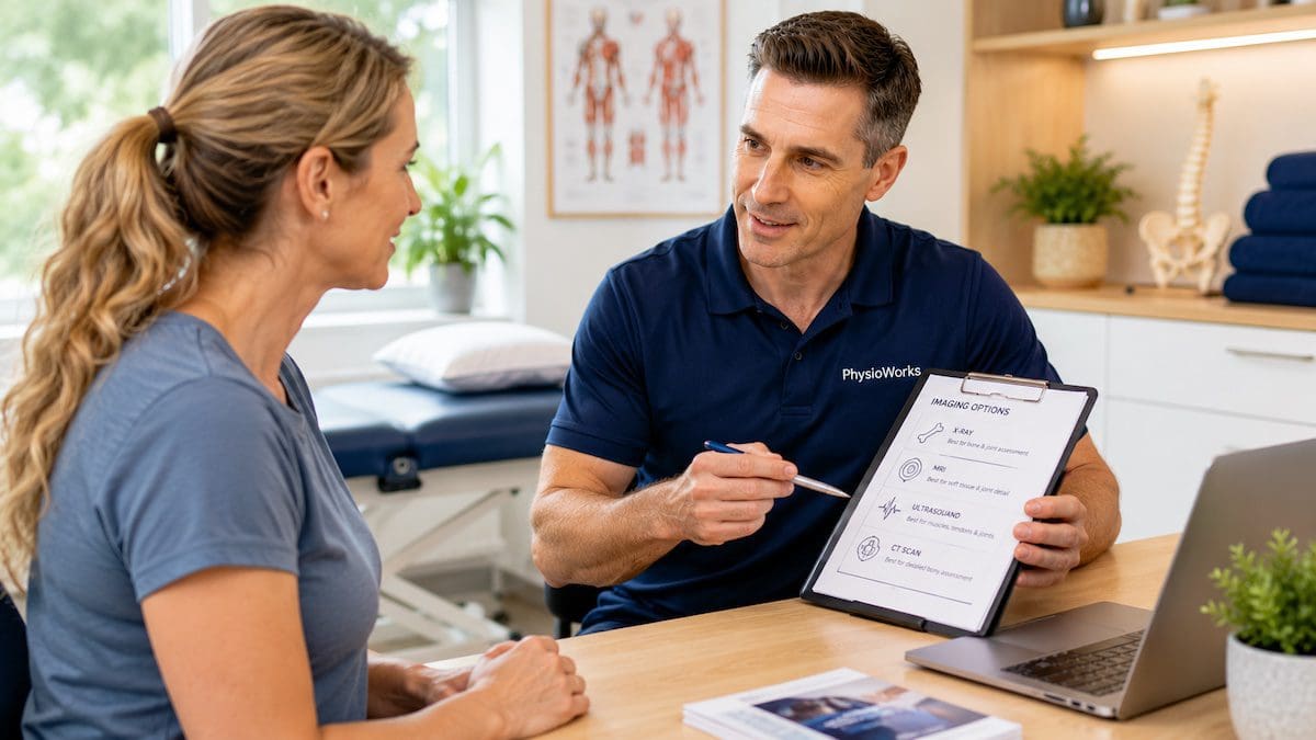 Physiotherapist scan referral pathway discussion with reassured adult patient
