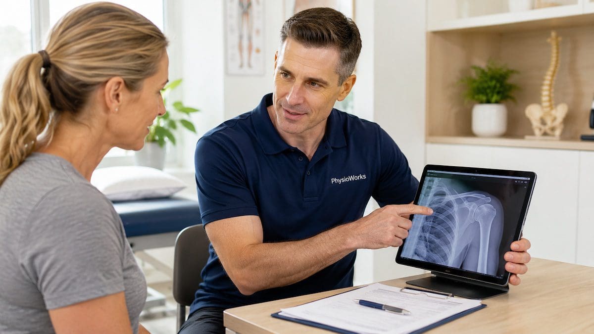 Physiotherapist X-ray referral discussion reviewing musculoskeletal scan results with patient