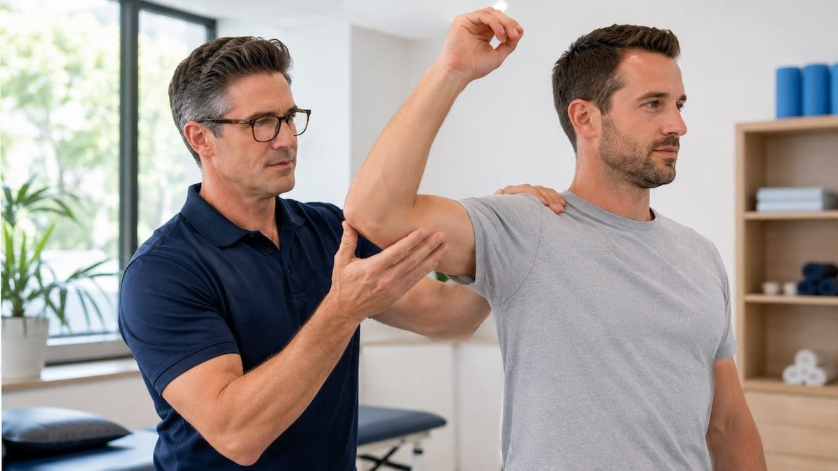 physiotherapists-brisbane-shoulder-movement-assessment Physiotherapists Brisbane shoulder movement assessment during clinic consultation