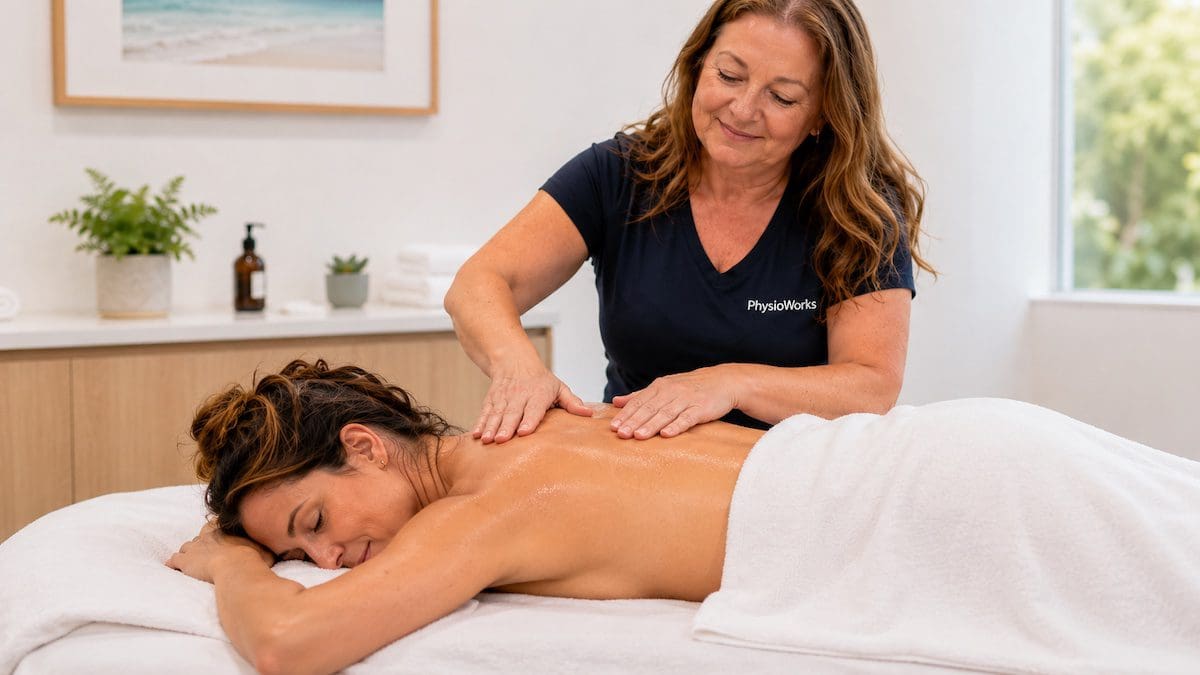 relaxation-massage-calm-outcome-booking-confidence Relaxation massage finishing upper back treatment with calm patient after gentle session
