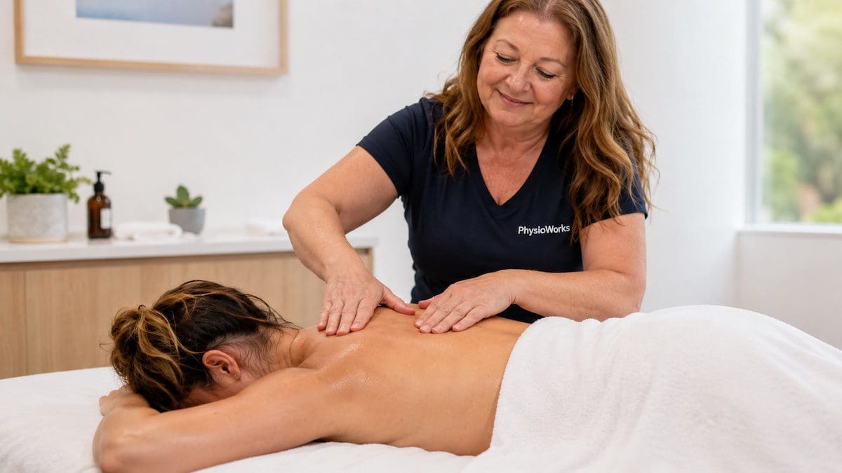 relaxation-massage-upper-back-shoulder-strokes-brisbane Relaxation massage therapist using gentle upper back strokes to ease stress-related tension