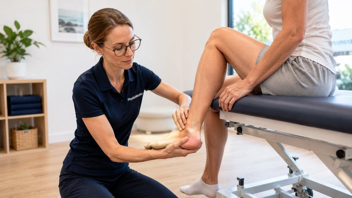 Physiotherapist assessing posterior heel pain and Achilles insertion irritation for retrocalcaneal bursitis