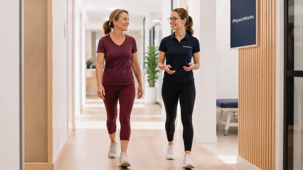 Physiotherapist guiding return to walking after retrocalcaneal bursitis rehabilitation