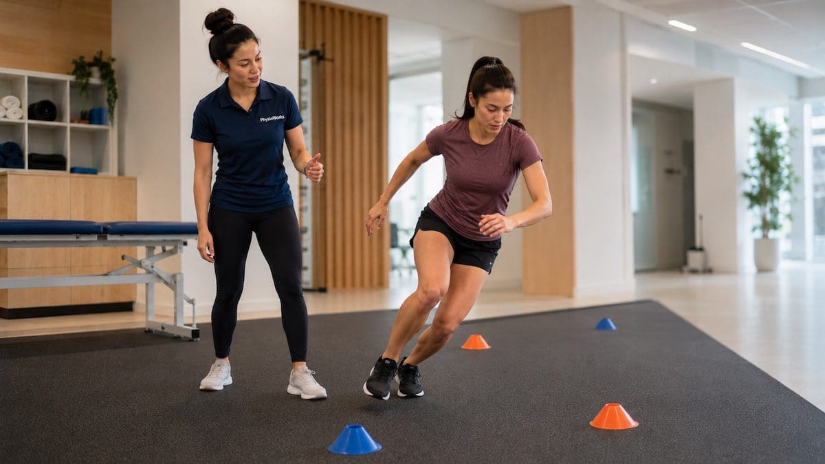 return-to-sport-testing-change-of-direction-drill Return to sport testing knee change of direction drill with physiotherapist