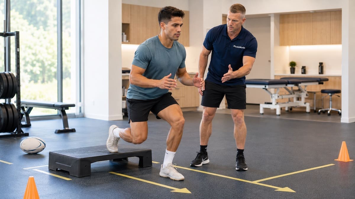 Rugby league injuries single-leg deceleration drill showing knee and hip control