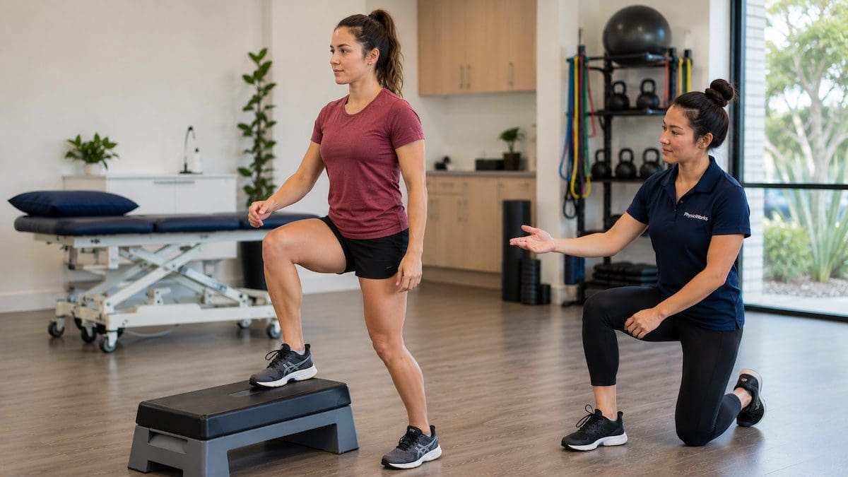 Running Musculoskeletal Assessment showing hip knee and ankle step-up control