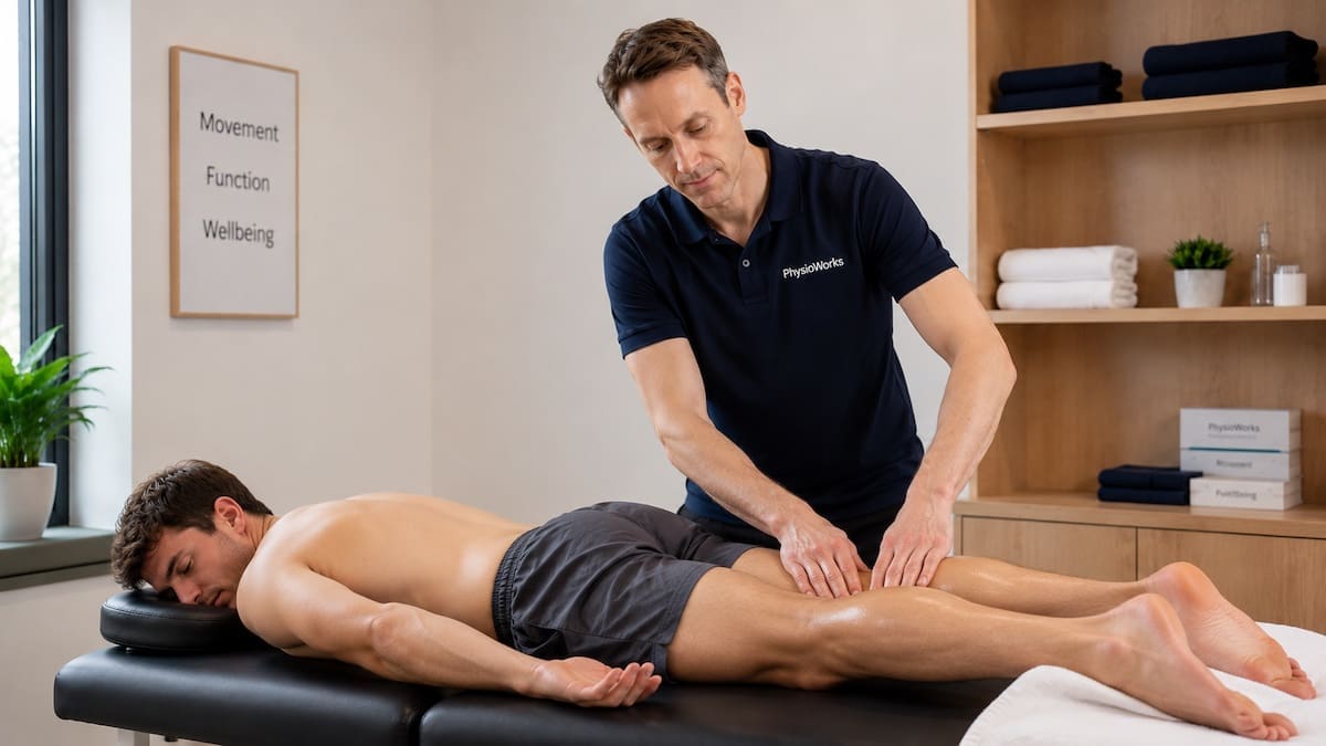 sandgate-massage-male-patient-calf-treatment Sandgate massage therapist treating male patient calf tightness