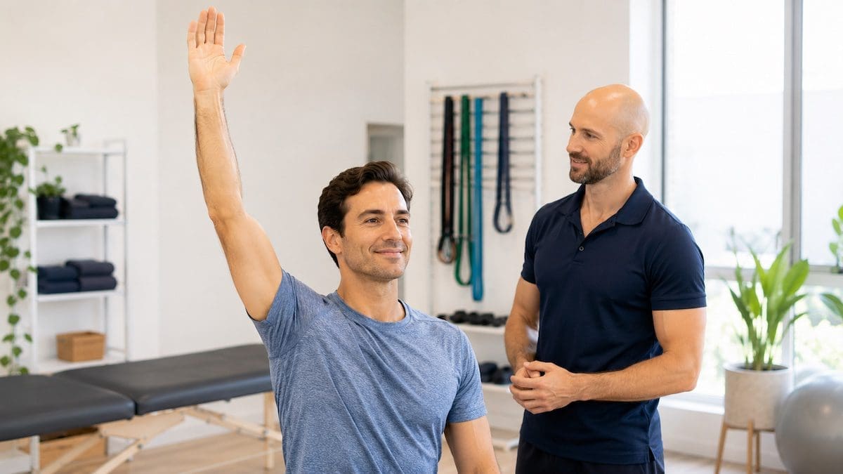 patient lifting arm overhead pain free after physiotherapy