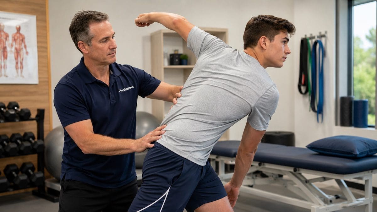 srdcc-cricket-physio-fast-bowler-back-assessment SRDCC cricket physio assessing fast bowler lower back and hip rotation