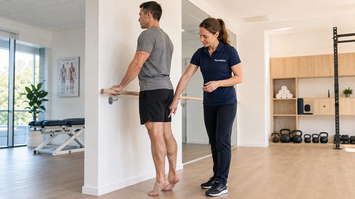 What is tendinopathy Achilles tendon calf raise rehabilitation with physiotherapist