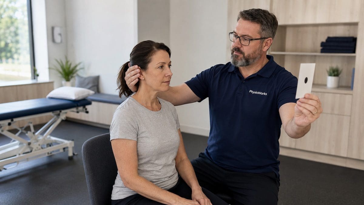 vertigo-and-dizziness-vestibular-physiotherapy-head-eye-assessment Vertigo and dizziness head and eye assessment during vestibular physiotherapy