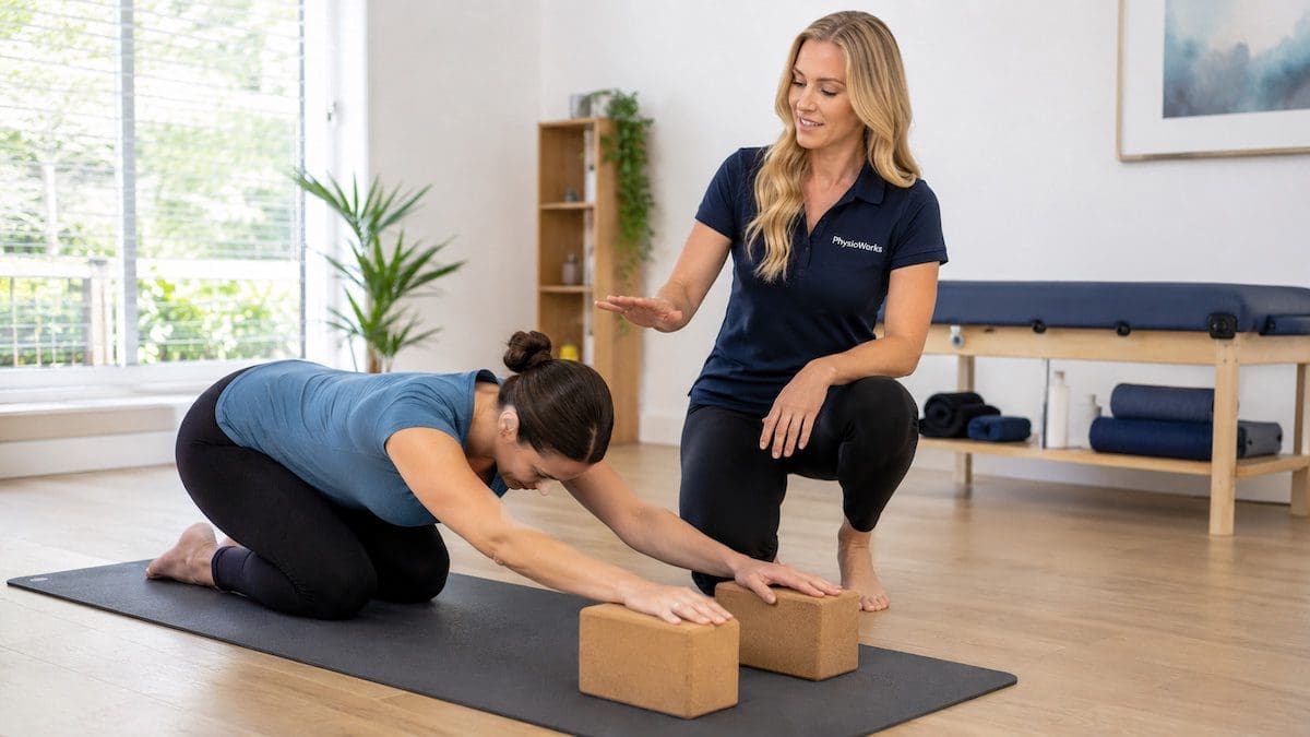 yoga-benefits-modified-stretch-safe-movement Yoga benefits supported by modified stretch using blocks for safe movement